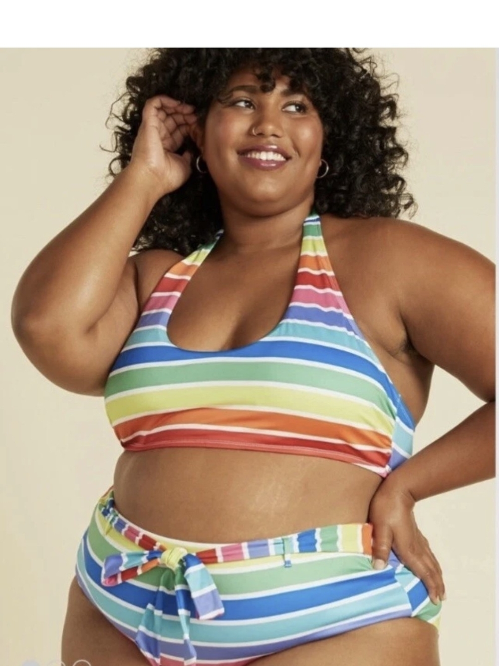 ModCloth Multicolor Rainbow Stripe Halter Bikini Top XL Bottoms L